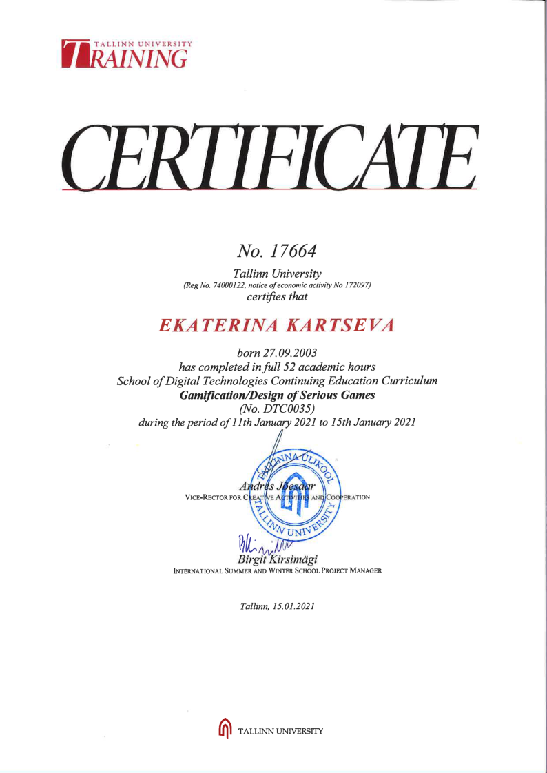 A certificate from Tallinn University Winter School